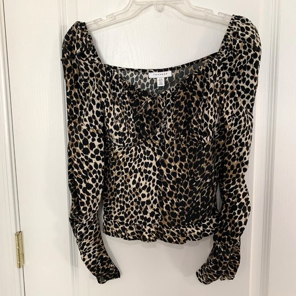 Topshop Leopard Prairie Ruffle Top Ruched Peasant Blouse Puff Shoulder Size 6 - Picture 5 of 6